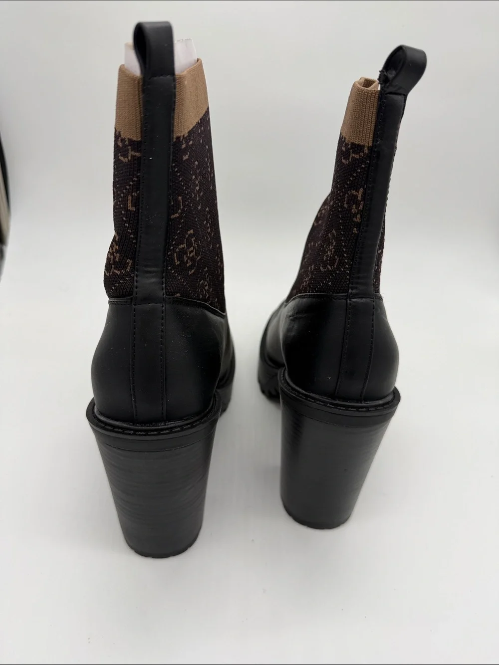 Guess Black Leather Chelsea Booties with Brown Monogram Knit Cuff